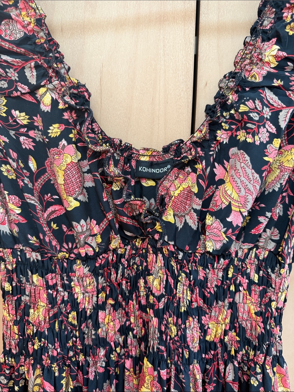 Smocked Floral Maxi Dress in Black with Pink & Gold Accents - Picture 2 of 4